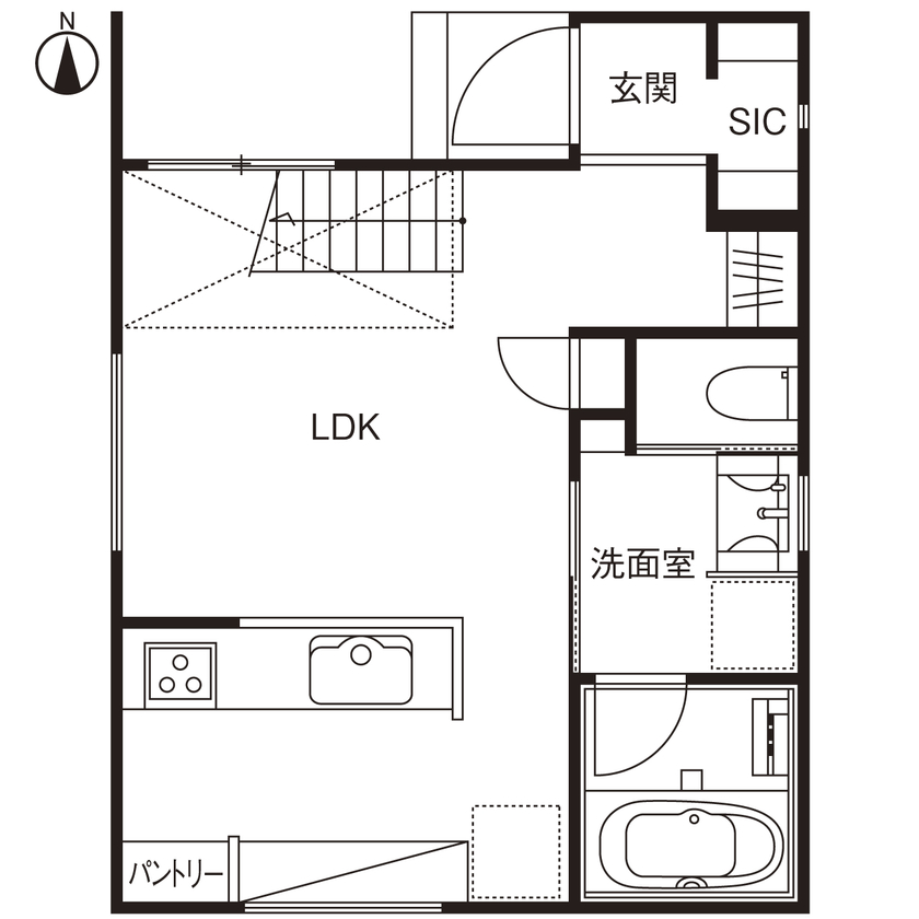 １０１０ｈｏｕｓｅ（安藤工務店） 【防火地域2階建て/21坪/3LDK/間取図有/1989万円】土地制限＆狭小地でも理想を形に。吹抜け×鉄骨階段の家の間取り図（3LDK＋ロフト）1階