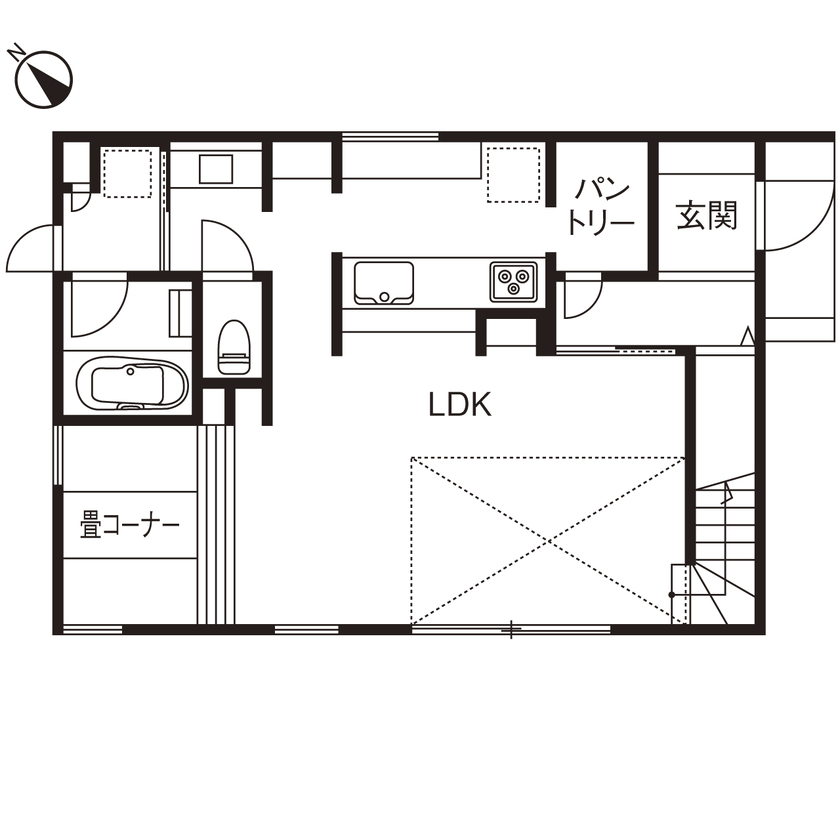 １０１０ｈｏｕｓｅ（安藤工務店） 【2000万円台/30坪/間取図有/東京ゼロエミ住宅】フレキシブルな空間設計で家族の形に寄り添う省エネ住宅の間取り図（3LDK＋畳コーナー）1階