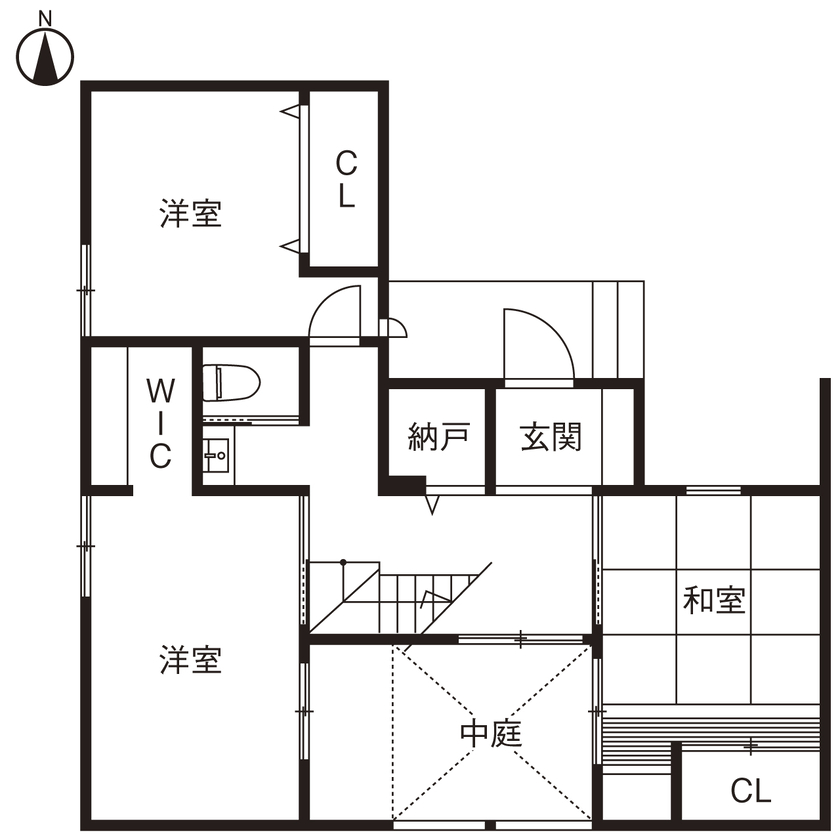 １０１０ｈｏｕｓｅ（安藤工務店） 【2000万円台/32坪/間取図有/中庭】プライバシーの確保×開放感を両立。中庭を囲うコの字型のコートハウスの間取り図（3LDK＋ロフト）1階