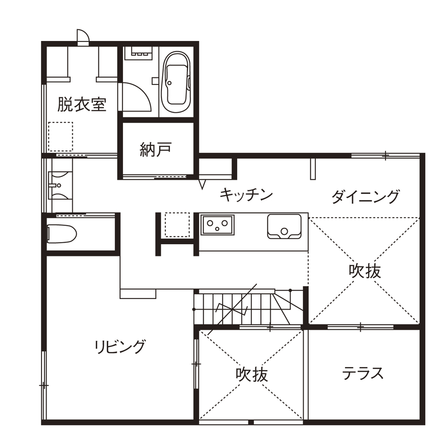 １０１０ｈｏｕｓｅ（安藤工務店） 【2000万円台/32坪/間取図有/中庭】プライバシーの確保×開放感を両立。中庭を囲うコの字型のコートハウスの間取り図（3LDK＋ロフト）2階