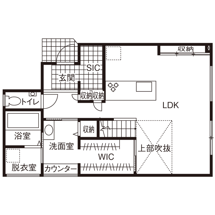 KEIJI一級建築士事務所 【京都市・2000万円台・間取り図・30坪台】スキップフロアを利用したおしゃれな書斎と家事がラクになる動線の間取り図（4LDK＋書斎）1階