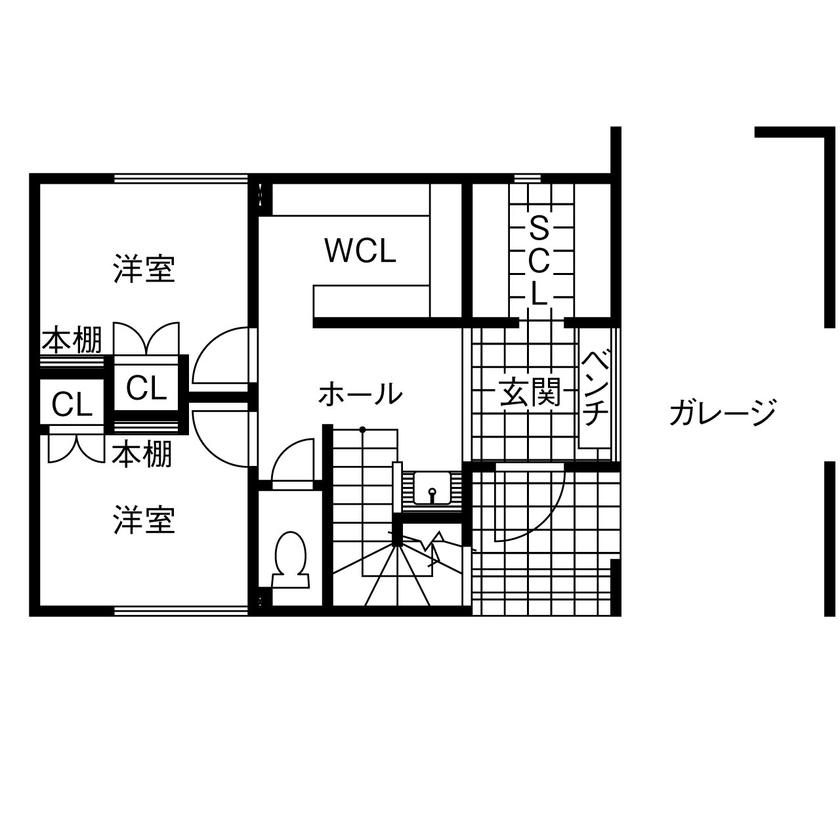KEIJI一級建築士事務所 【京都・2階リビング・間取り図・2000万円台・30坪台】真っ白なアイランドキッチンで家事ラク仕様の住まいの間取り図（３LDK＋ロフト＋WCL）1階