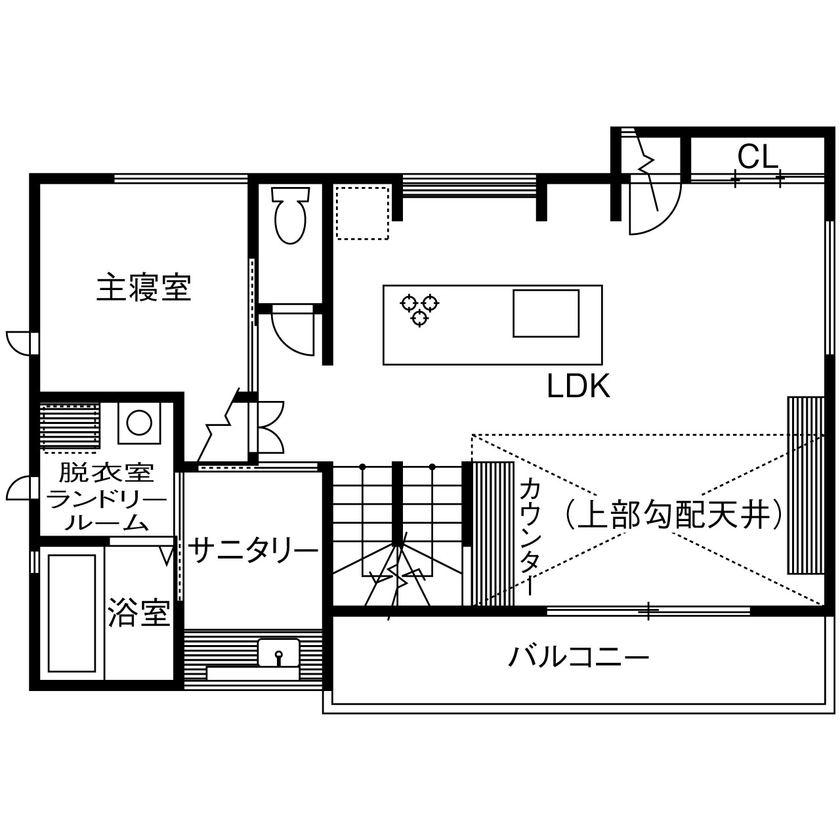 KEIJI一級建築士事務所 【京都・2階リビング・間取り図・2000万円台・30坪台】真っ白なアイランドキッチンで家事ラク仕様の住まいの間取り図（３LDK＋ロフト＋WCL）2階