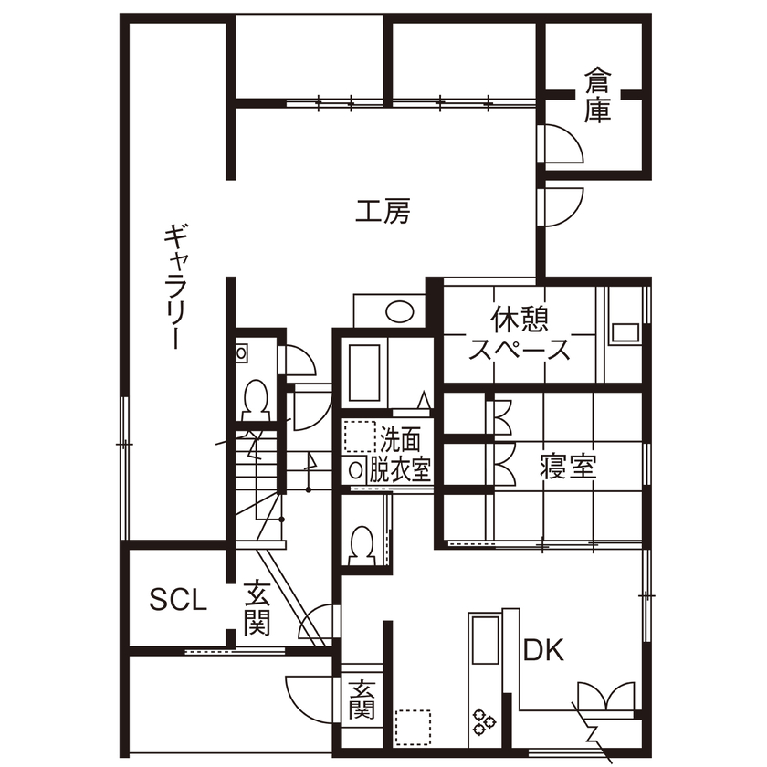 KEIJI一級建築士事務所 【W断熱・2階LDK・4000万円台・50坪台・二世帯住宅】天井梁を工夫 愛猫も子どもものびのびアトリエのある家の間取り図（2LDK+1DK+工房）1階