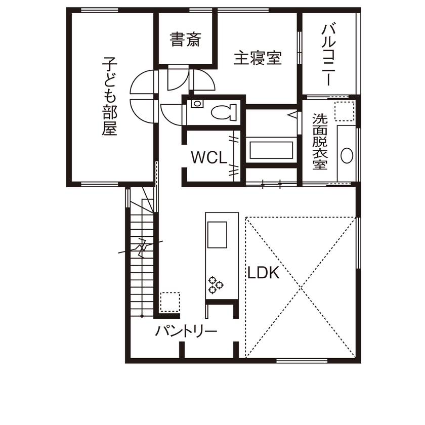 KEIJI一級建築士事務所 【W断熱・2階LDK・4000万円台・50坪台・二世帯住宅】天井梁を工夫 愛猫も子どもものびのびアトリエのある家の間取り図（2LDK+1DK+工房）2階