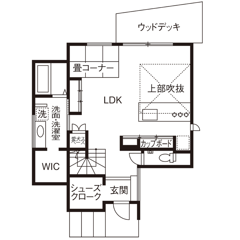 KEIJI一級建築士事務所 【W断熱・間取り図・2000万円台・28坪】夏涼しく、冬は暖か。吹き抜け大空間で、子育て家族も愛犬も快適にの間取り図（2LDK）1階