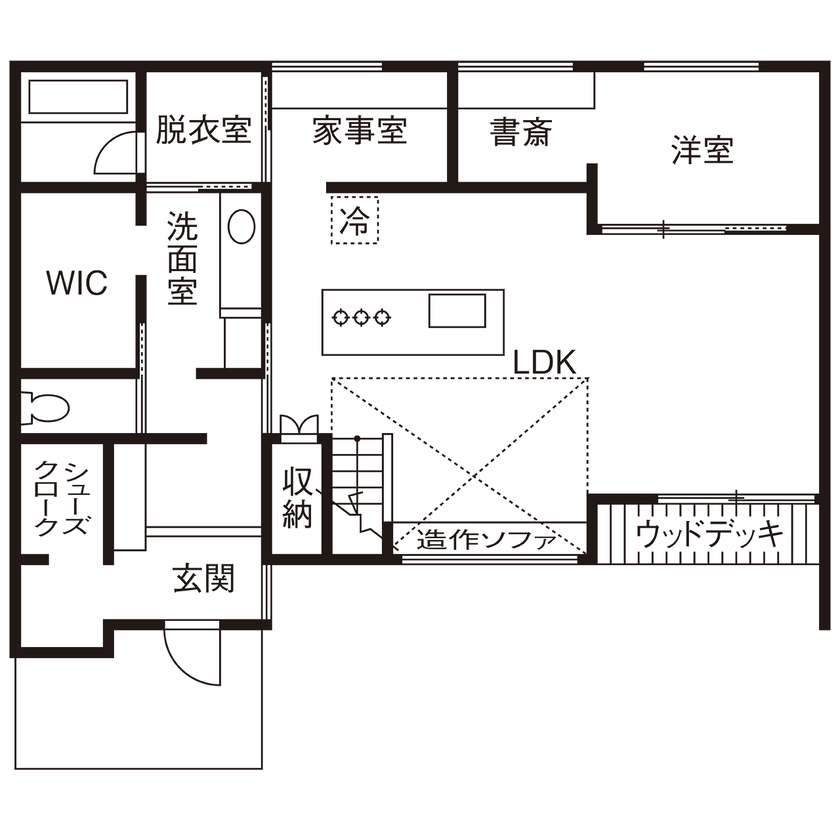 KEIJI一級建築士事務所 【W断熱・太陽光発電・間取り図・3000万円台】生活感を隠してスタイリッシュに。1階で暮らしが完結する家の間取り図（4LDK）1階