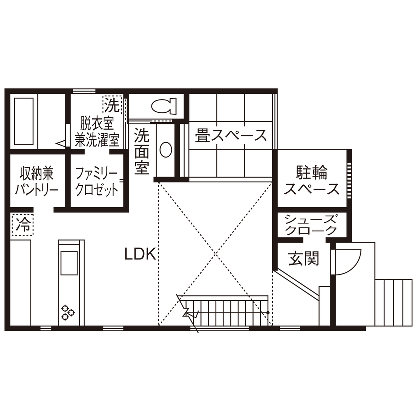 KEIJI一級建築士事務所 【吹き抜け・小上がり・間接照明】空の見える高窓がお気に入り。高性能+床暖房で冬暖かく、光熱費も削減の間取り図（2LDK）1階