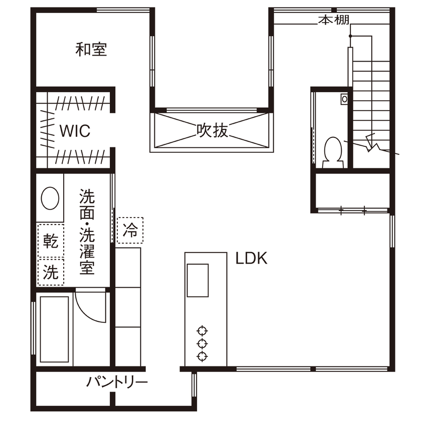 KEIJI一級建築士事務所 【W断熱・2階LDK・和モダン】自然を愛で、家族でなごむ。趣味スペースも充実した、豊かな時間を過ごせる家の間取り図（5K以上）2階