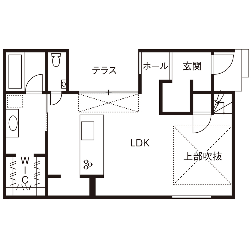 KEIJI一級建築士事務所 【京都・2000万円台・30坪・間取り有】1階で暮らしが完結。家事動線にこだわったホテルライクな吹抜けの家の間取り図（3LDK）1階