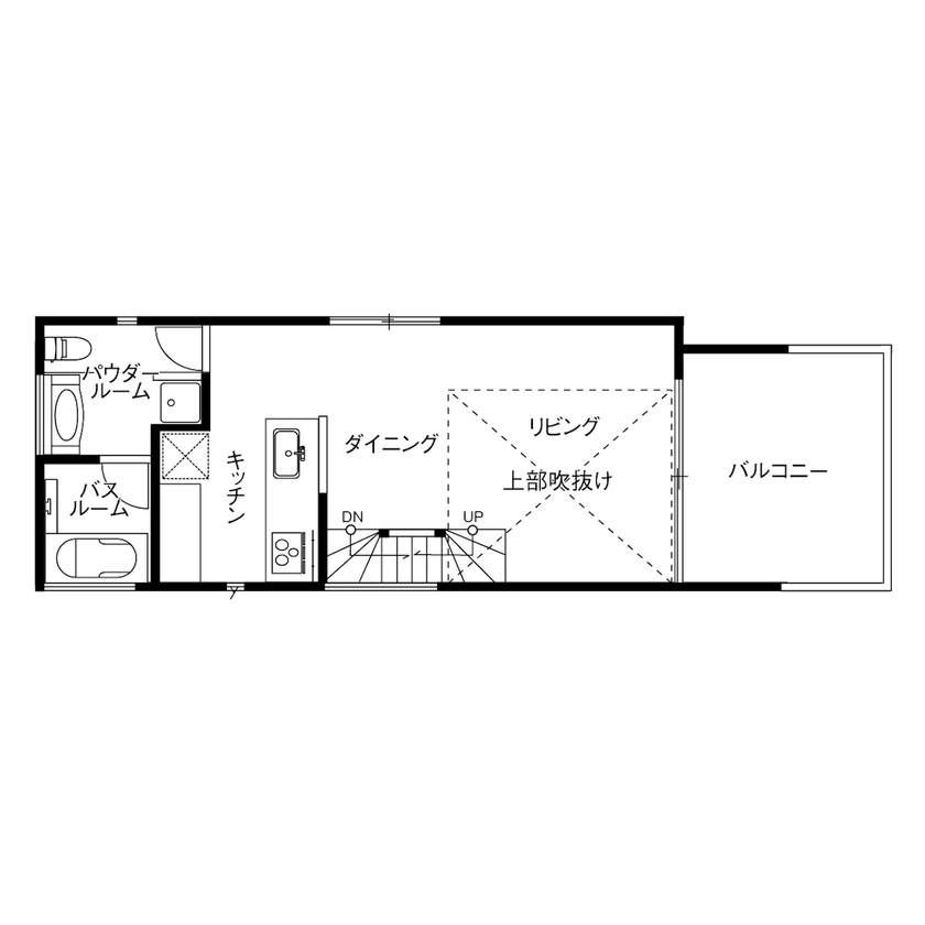 ダイヤビルト 【20坪台/間取り/3階建て/バルコニー/吹き抜け】狭小地でも実現した開放感たっぷりのガレージハウスの間取り図（3LDK）2階