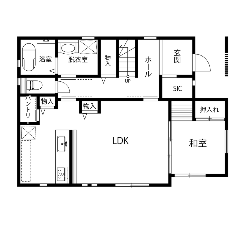 ダイヤビルト 【間取り図有/30坪台/パントリー/和モダン】世代を超え愛着を受継ぐ、 たっぷり採光・効率的な家事導線の家の間取り図（4LDK）1階