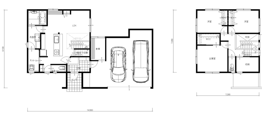 太平ハウス・ラボ 【富山市／長期優良住宅／45.4坪／インナーガレージの家】長年夢見続けてきた、車と一緒に暮らす家が実現！の間取り図null１階