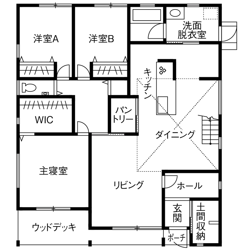 アトラクトホーム 【平屋×1000万円台×ロフト×間取り図有】家族がつながる動線と小屋裏にも居場所や収納を用意した平屋の間取り図（3LDK＋ロフト）1階
