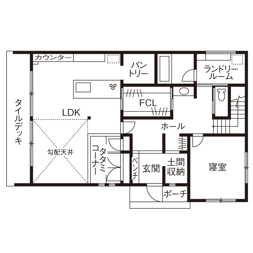 アトラクトホーム 【半平屋スタイル×間取り図有】スムーズな生活動線を叶えた、軒裏が映える半平屋のデザイン住宅の間取り図（3LDK）1階