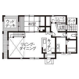 池田建設　oh!!one house. 無垢の木をたっぷり使ってもメンテナンス簡単！機能的で家事ラクなログハウス風の住まいの間取り図（3LDK+納戸）１階