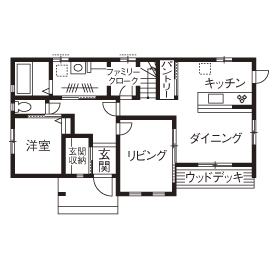 池田建設　oh!!one house. 大人可愛く、お掃除しやすいコンパクトサイズの住まい。プライベート空間にも予算をかけて1000万円台で実現の間取り図（4LDK）1階