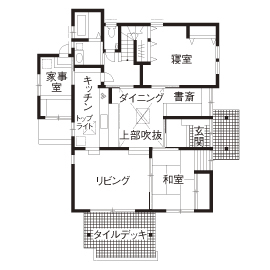池田建設　oh!!one house. 【三重県/間取り図】外観はまるで平屋!スキップフロアで家族とちょうどいい距離感。ナチュラルモダンの実例の間取り図（4LDK）１階