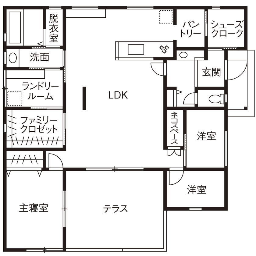 池田建設　oh!!one house. 【1000万円台｜コンパクトな平屋｜間取り有】ネコちゃんも快適！共働き夫妻が建てた27坪の家事ラクな平屋の間取り図（3LDK）１階