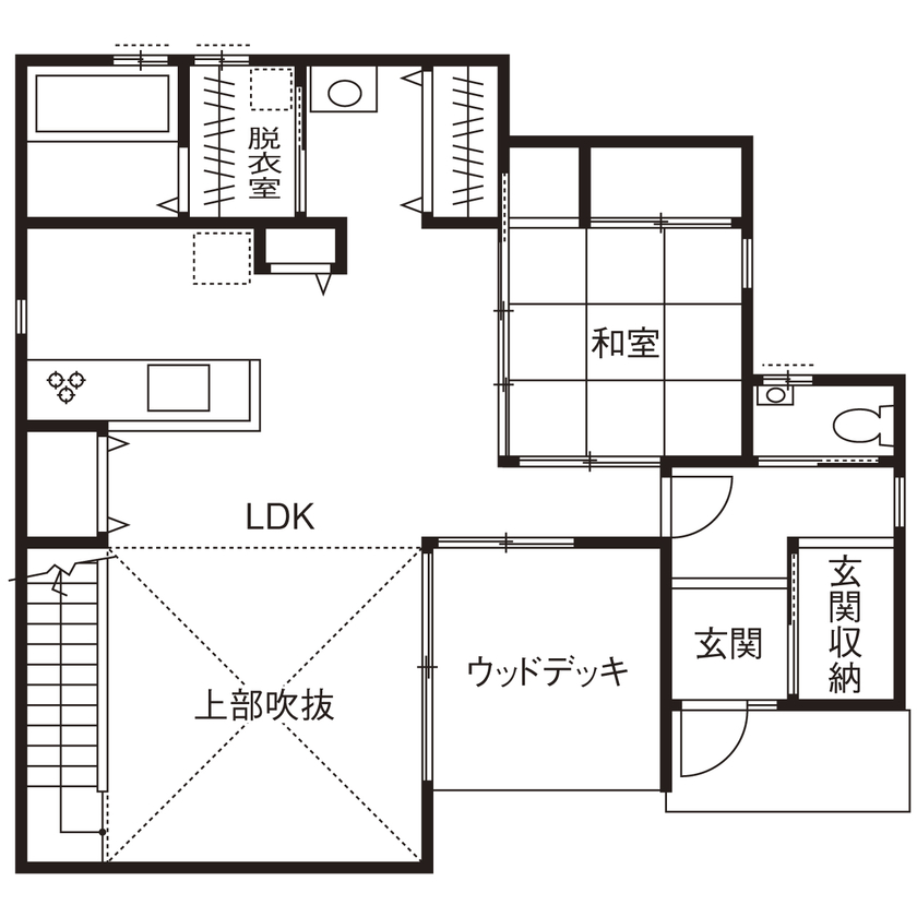 池田建設　oh!!one house. 【2000万円台｜間取り有】インテリアはグレーでまとめて。ウッドデッキ、吹抜リビングのある子育てハウスの間取り図（4LDK）１階