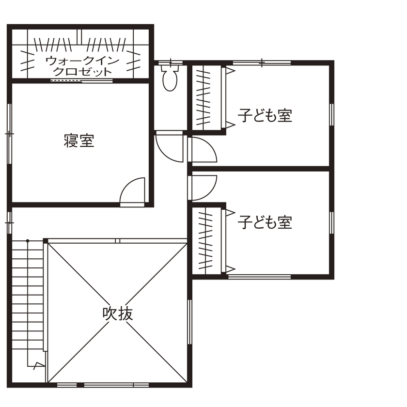 池田建設　oh!!one house. 【2000万円台｜間取り有】インテリアはグレーでまとめて。ウッドデッキ、吹抜リビングのある子育てハウスの間取り図（4LDK）２階