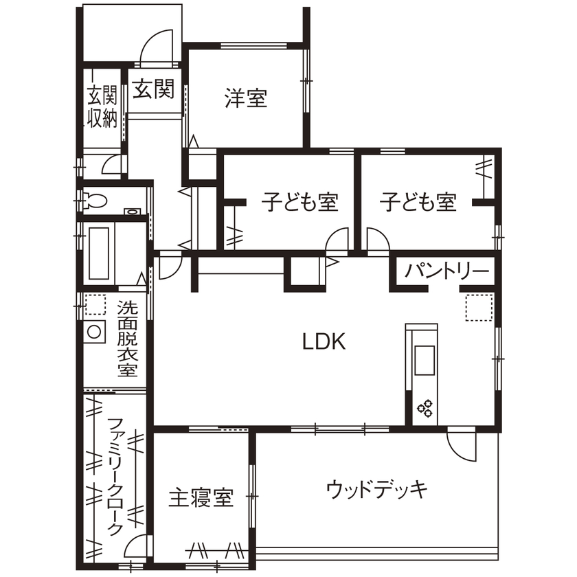 池田建設　oh!!one house. 【2000万円台/平屋/間取図】想定よりもコストダウン!?3つのテイストをアクセントにしたおしゃれな平屋実例の間取り図（4LDK）１階