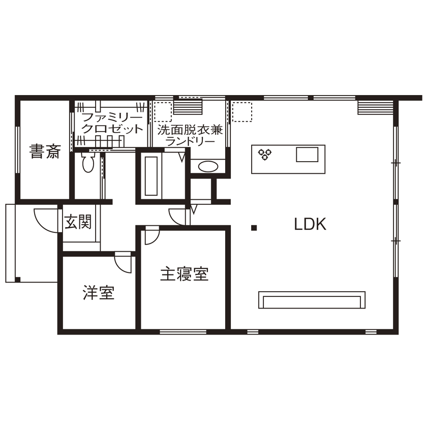 池田建設　oh!!one house. 【三重県｜30坪の平屋｜間取り有】一緒の時も、一人の時も充実する開放感たっぷりの別荘のような平屋の間取り図（2LDK＋書斎）１階