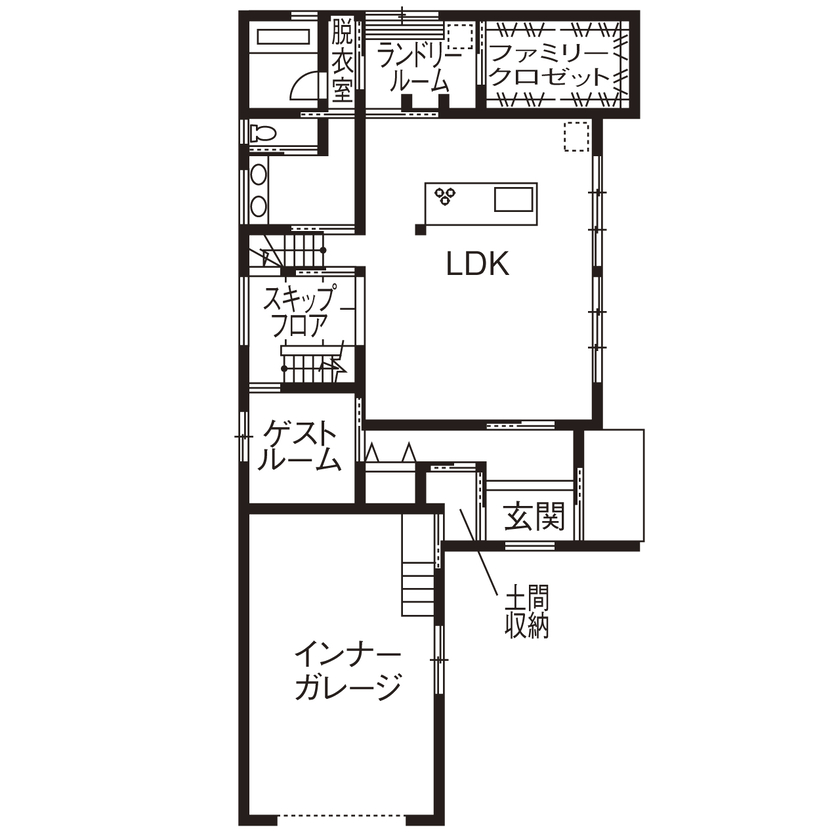 池田建設　oh!!one house. 【伊勢市｜ガレージハウス×スキップフロア｜間取り有】タテの空間を使いこなした居場所がたくさんある家の間取り図（4LDK）１階