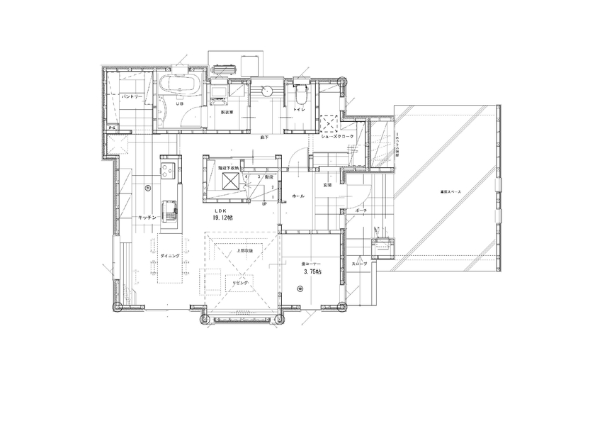 菅原工務店 ビルトインガレージのある家の間取り図（3LDK+小屋裏収納）1階