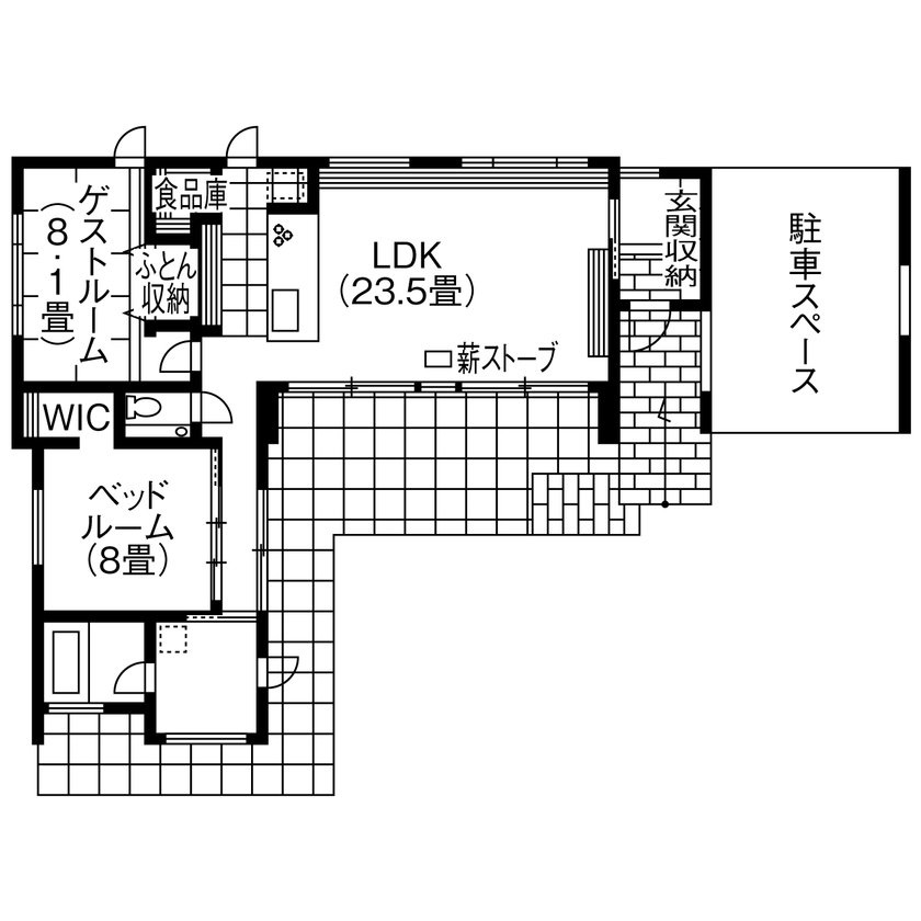 菅原工務店 【蔵王のセカンドハウス｜間取図有｜平屋｜3000万円｜ビルトインガレージ】春夏秋冬を謳歌する充実のセカンドハウスの間取り図（2LDK）1階