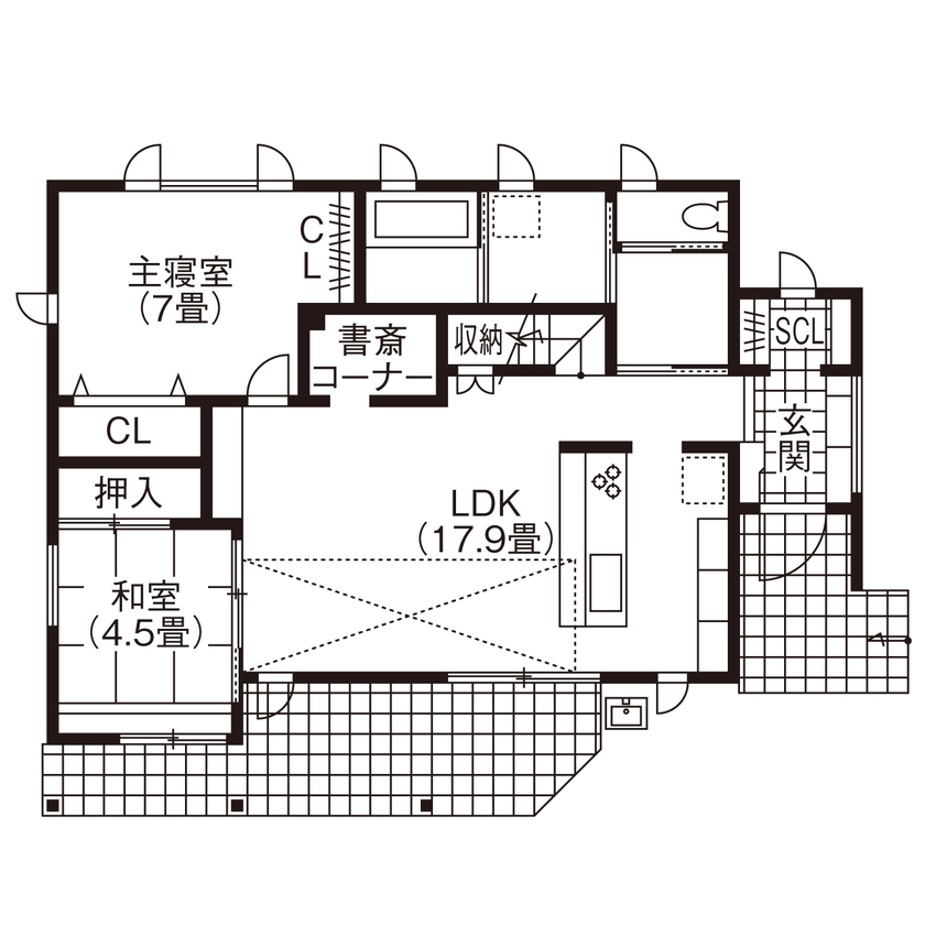 菅原工務店 【平屋風の佇まい｜大屋根の家｜4LDK｜3000～3499万円】勾配を利用した天窓の採光や吹き抜けが開放感を演出の間取り図（4LDK）1階