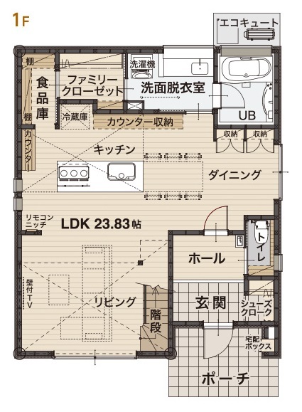 菅原工務店 【大崎市/アイランドキッチン/スケルトン階段】大人かわいいインテリアの家の間取り図（3LDK）1階
