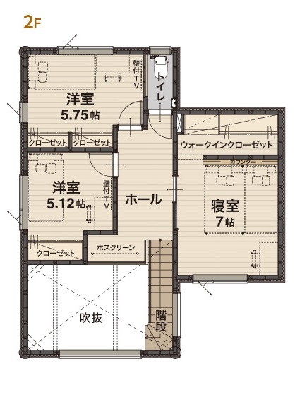 菅原工務店 【大崎市/アイランドキッチン/スケルトン階段】大人かわいいインテリアの家の間取り図（3LDK）2階