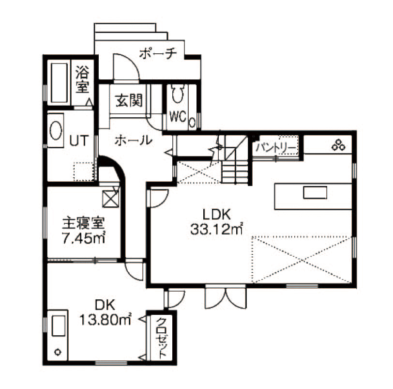 竹内建設 【札幌市/二世帯/ナチュラル】無垢材を使った自然素材に包まれる家の間取り図（4LDK）１階
