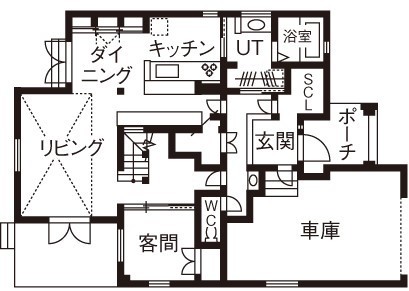 竹内建設 【札幌市/ビルトインガレージ/吹き抜け】楽しめるカフェ風の家の間取り図（4LDK）１階