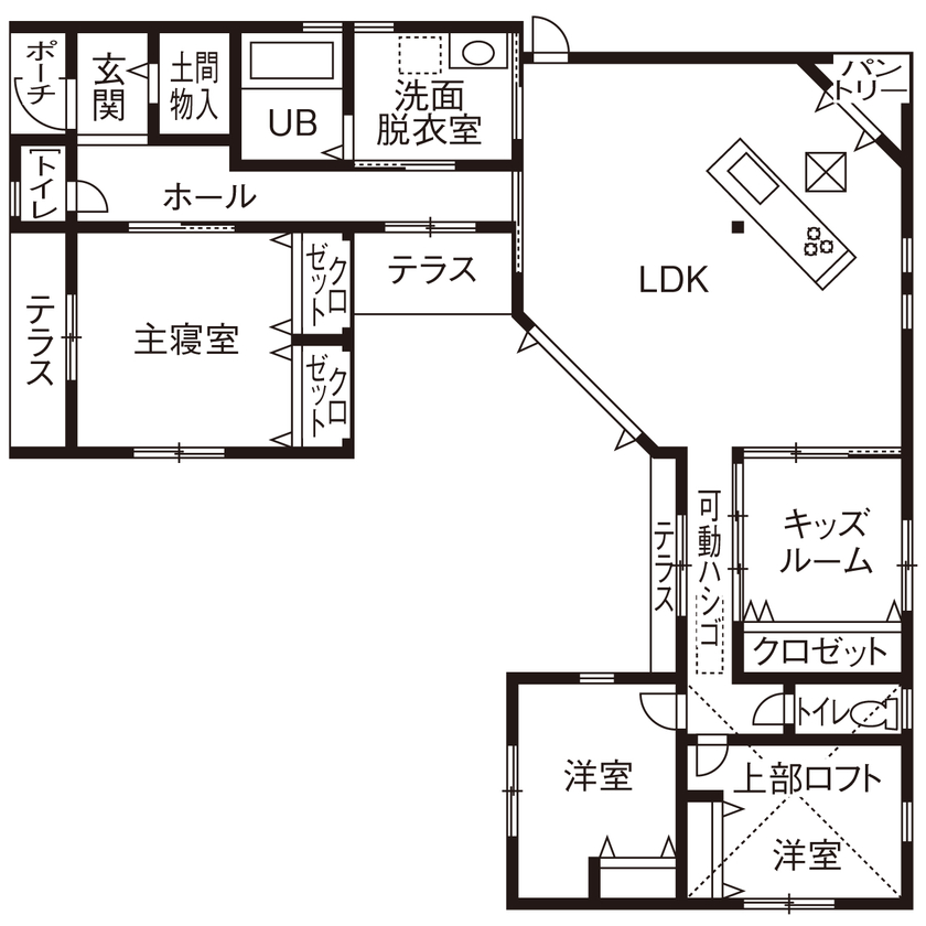 さくら不動産 【大阪｜平屋｜間取り図｜30坪台】レンガ調のおしゃれ外観とガーデニング・家庭菜園を叶えたお家の間取り図（4LDK）1階