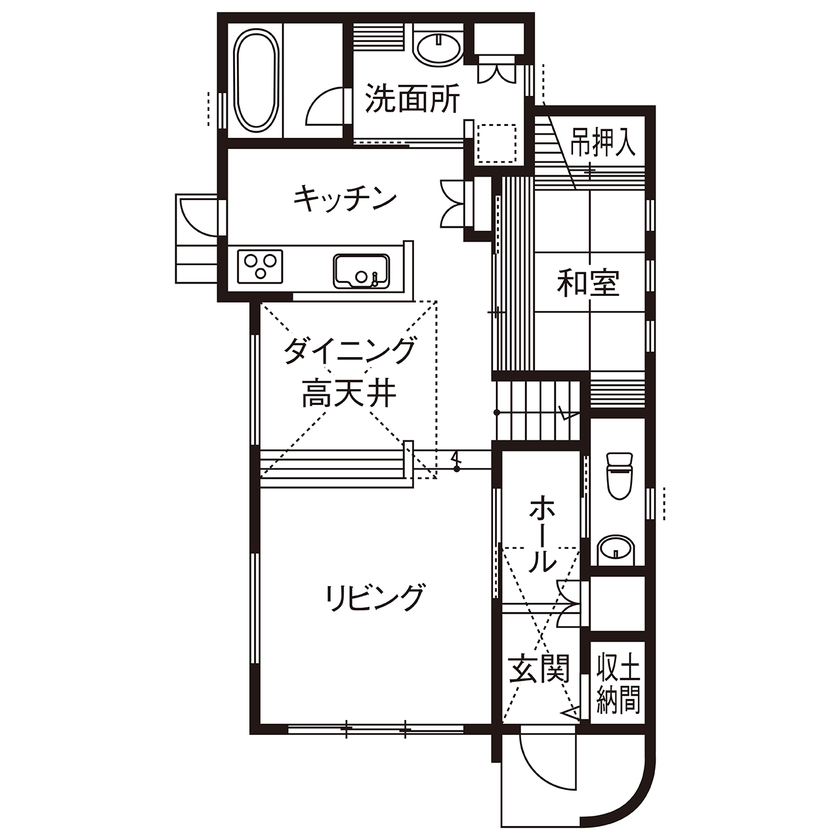 タケイハウジング 【奈良/1000万円台/家事ラク/間取り有】空間を緩やかに仕切って開放的に暮らすモダンな家の間取り図（4LDK＋S）１階