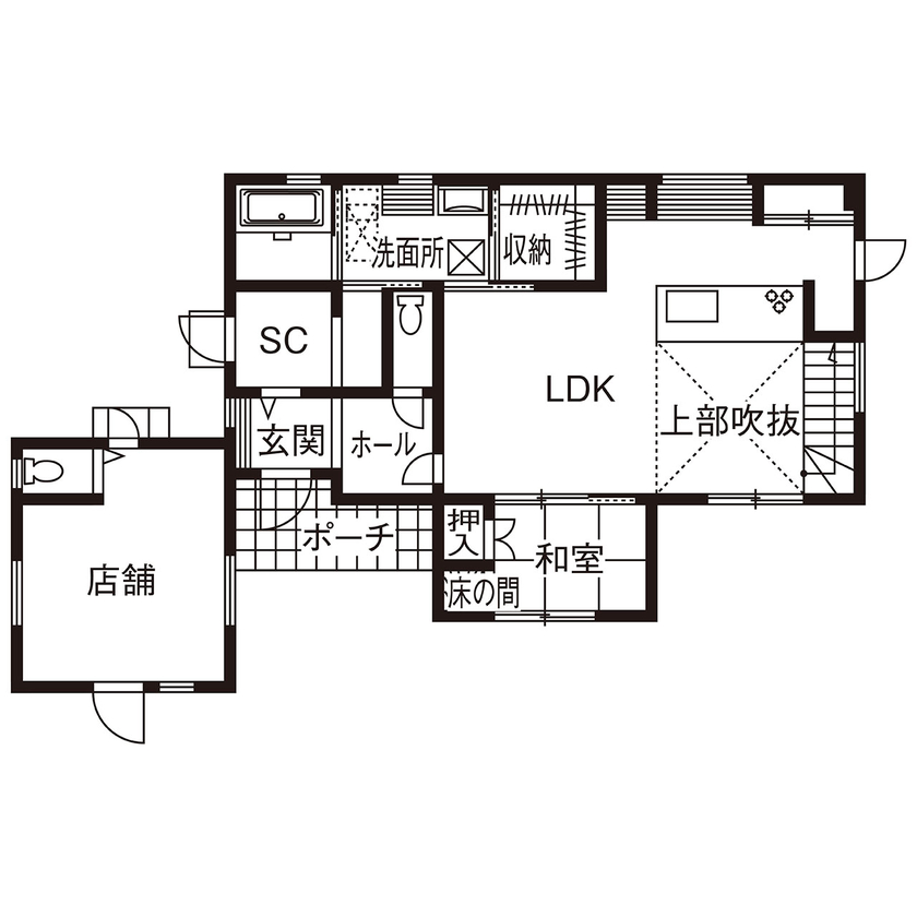 タケイハウジング 【大阪/2000万円台/間取り有】ナチュラルカントリーなキッチンと鉄骨階段が似合う吹抜けの家の間取り図（2LDK＋店舗）１階