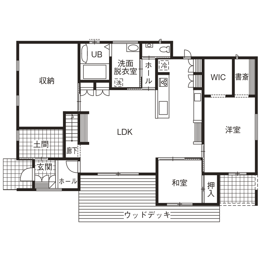 ワコーハウジング 【2000～2499万円・平屋・34坪】リビングを中心にそれぞれの部屋がつながる、平屋プラスαの1.5階建ての家の間取り図（4LDK）1階