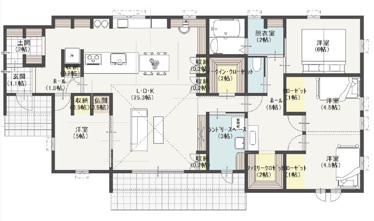 ワコーハウジング グルグル回れるラク家事動線で家事を時短して家族とゆったりできる平屋の間取り図（4LDK）1階