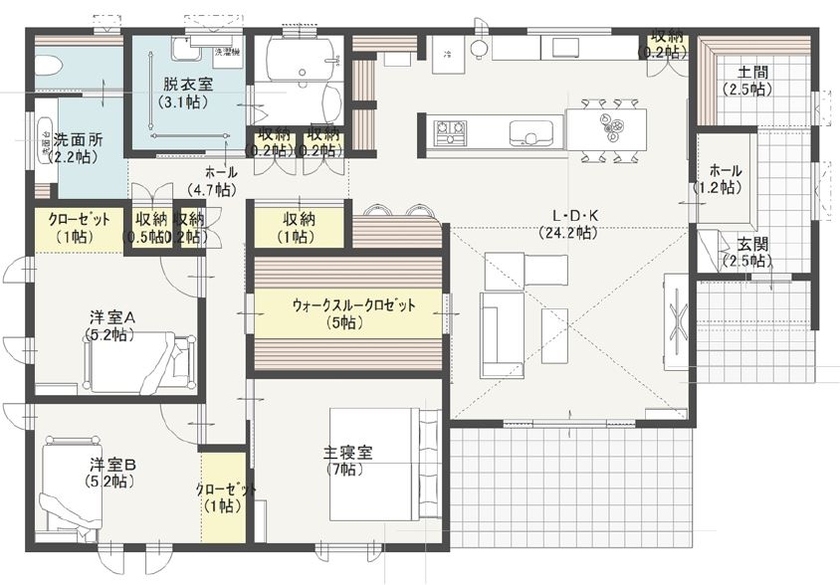 ワコーハウジング 30代夫婦の願いを叶えた！！家の中心にファミクロがある平屋の間取り図（3LDK）1階