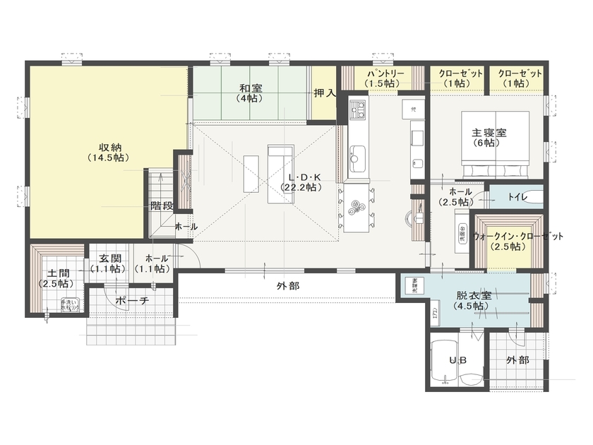 ワコーハウジング 開放感のあるLDKに複数の「居場所」をつくった1.5階の平屋。同じ空間で家族がそれぞれの時間を楽しめるの間取り図（3LDK＋収納ルーム）1階