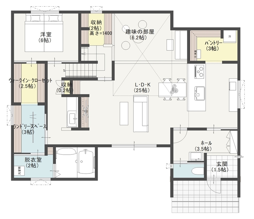 ワコーハウジング 【2000～2499万円・41.5坪・平屋＋α】地震や災害に強い！吹き抜け＆スキップフロアのあるお家の間取り図（3LDK）1階