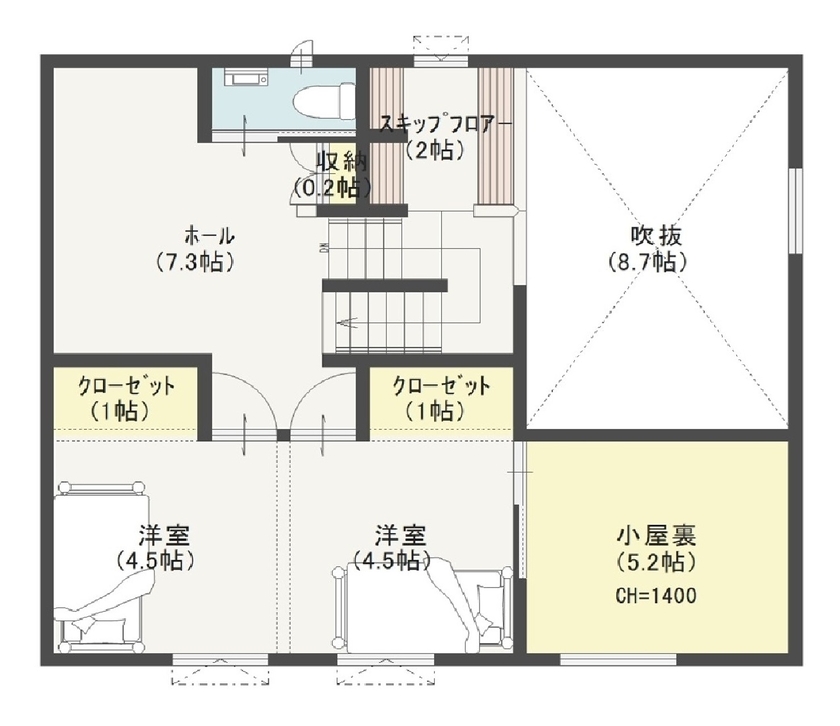 ワコーハウジング 【2000～2499万円・41.5坪・平屋＋α】地震や災害に強い！吹き抜け＆スキップフロアのあるお家の間取り図（3LDK）2階