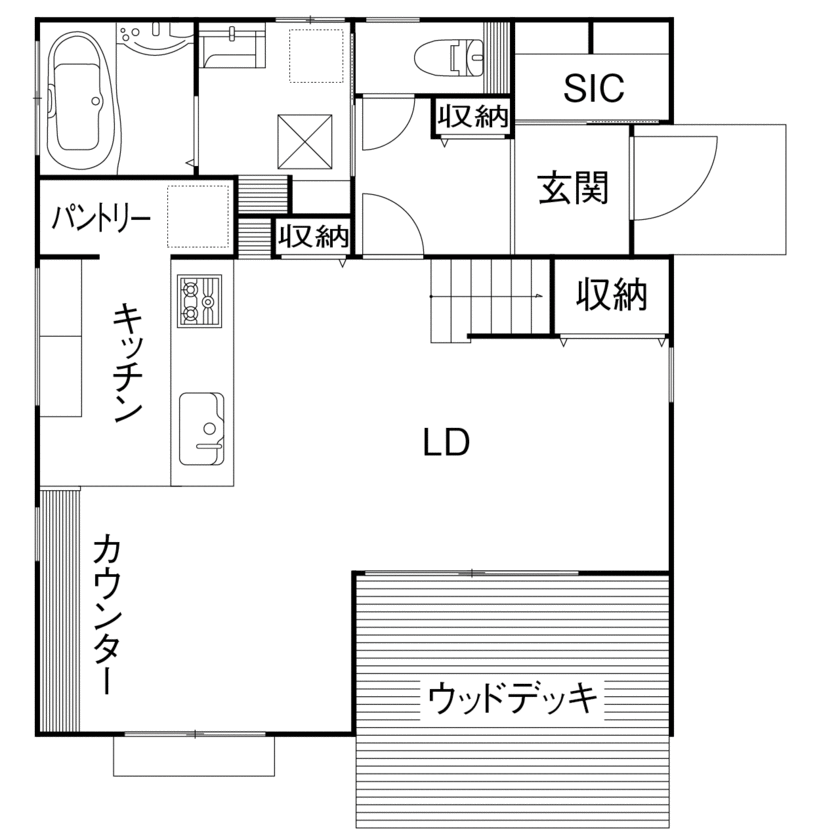 サートンホーム（横浜・相模原・八王子） 【2000万円台/ウッドデッキ/収納充実/間取り有】間取りも家族の繋がりも「ちょうどいい家」を延床31坪にの間取り図（4LDK）1階