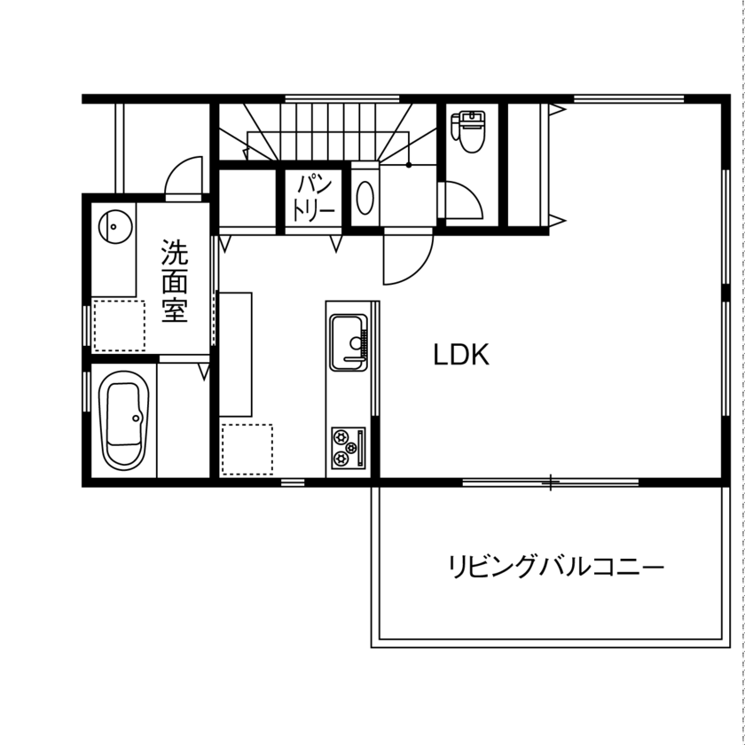サートンホーム（横浜・相模原・八王子） 【1370万円／間取り有/約30坪】バルコニーと一体の2階リビングで、自分たちだけの光と風、空を楽しむの間取り図（2LDK+WIC）2階
