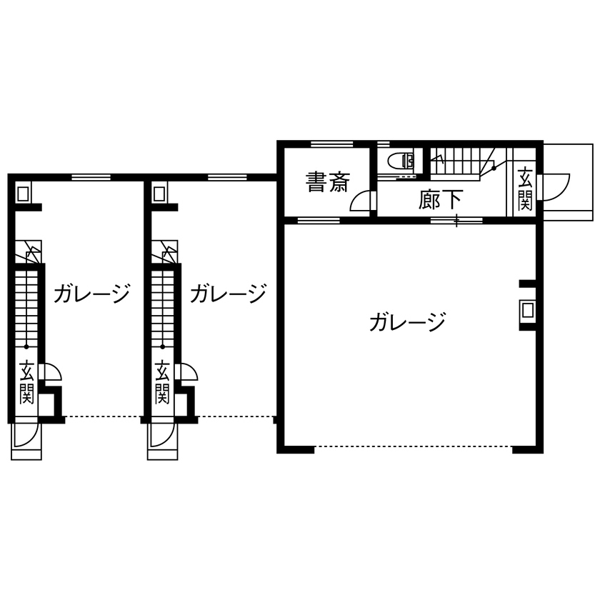 サートンホーム（横浜・相模原・八王子） 【ビルトインガレージ/賃貸併用/2階リビング/間取図】「ガレージライフを満喫!」車好きが叶えた理想の家の間取り図（1LDK＋書斎+1DK×2）１階
