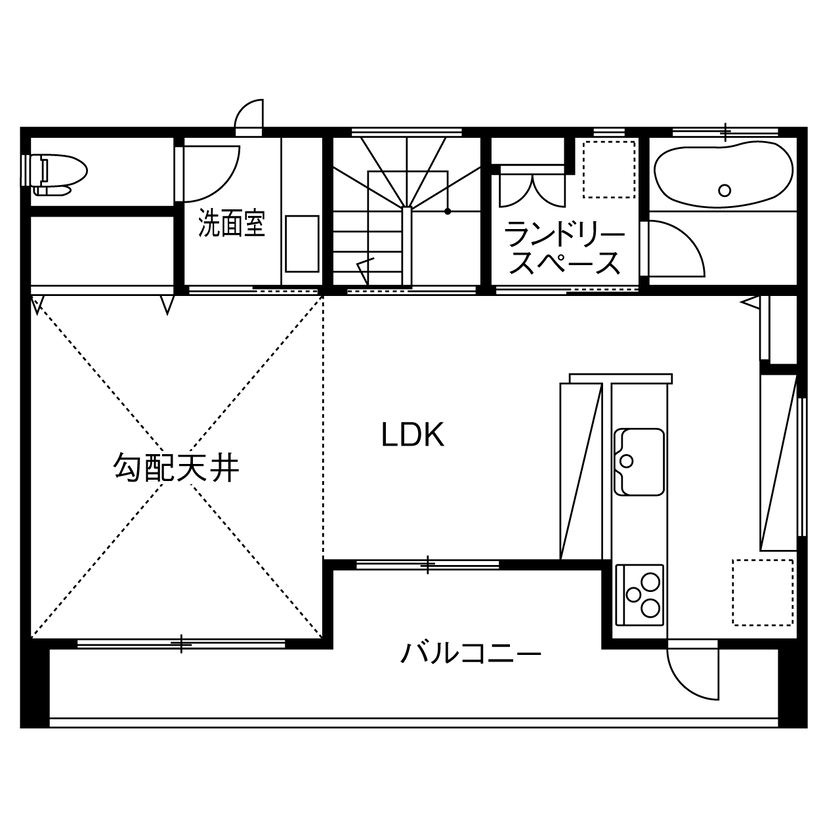 サートンホーム（横浜・相模原・八王子） 【2階リビング／家事動線／収納充実】「光がたっぷり！」。勾配天井のリビングの開放感が心地よい住まいの間取り図（3LDK+書斎+WIC+SIC）2階