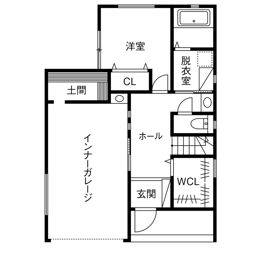 サートンホーム（横浜・相模原・八王子） 【2000万円台／ビルトインガレージ／２階リビング／間取図】黒を基調にした住まいでガレージライフを楽しむの間取り図（3LDK+WCL+書斎）1階