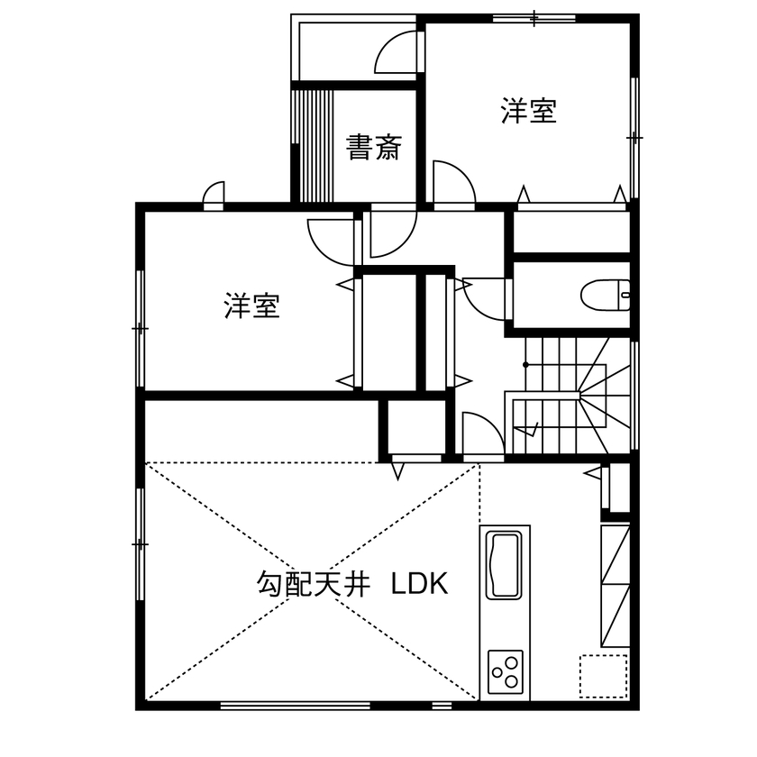 サートンホーム（横浜・相模原・八王子） 【2000万円台／ビルトインガレージ／２階リビング／間取図】黒を基調にした住まいでガレージライフを楽しむの間取り図（3LDK+WCL+書斎）2階